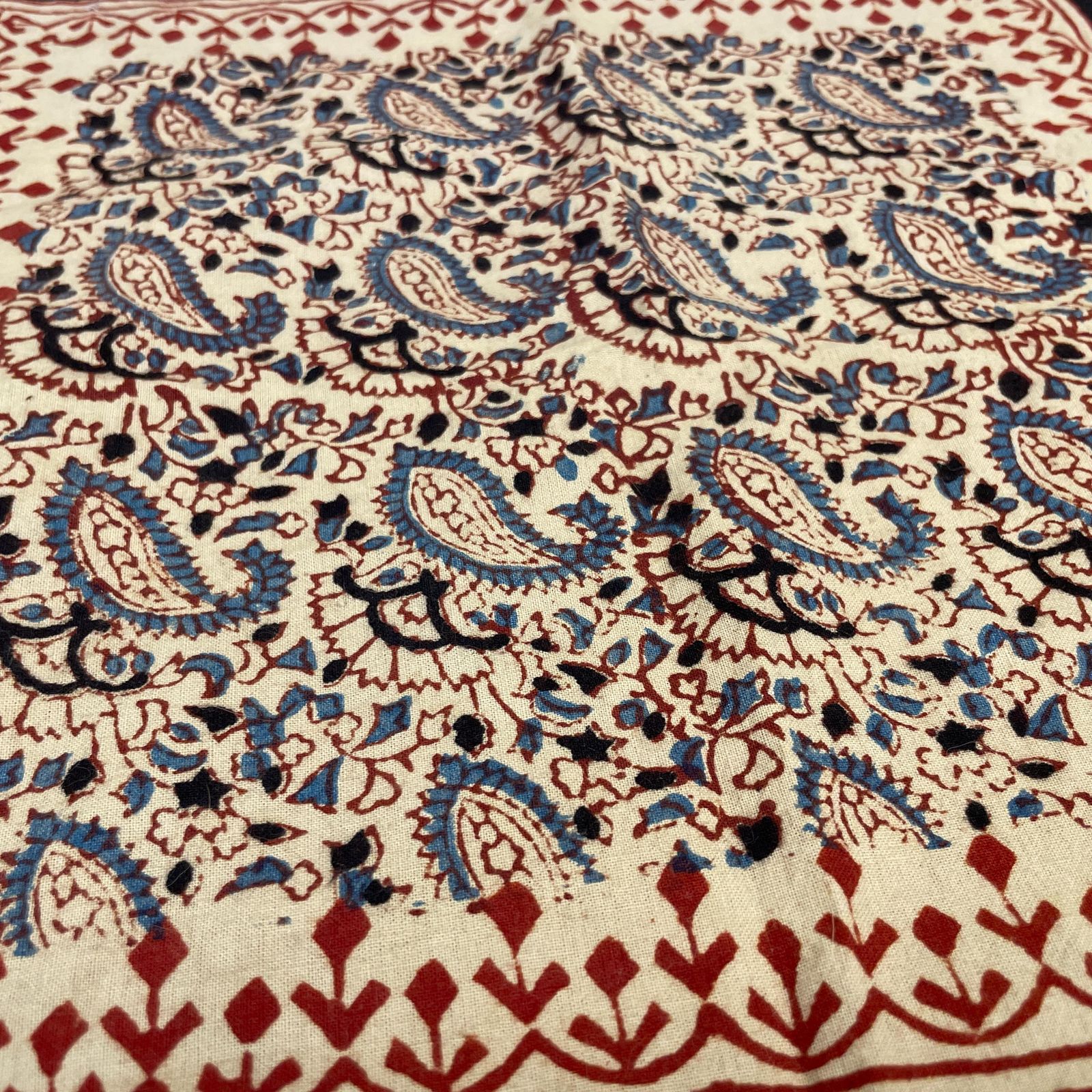 2x Vintage Indian Printed Cloth Fabric Red Blue Paisley Old Tapestry Handmade Craft India Traditional Decorative Table Display Mat Square photo for sale