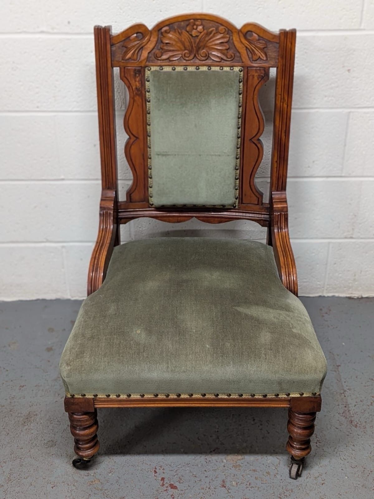 Edwardian Satin Walnut Green Upholstered Large Fireside/Nursing Chair photo furniture