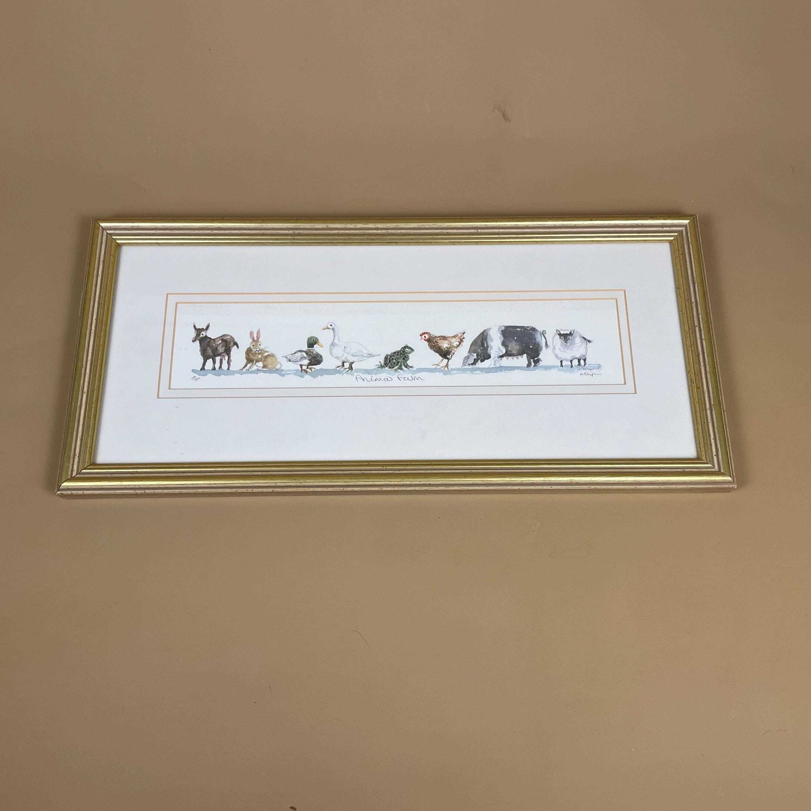 Animal Farm Artwork Watercolour Painting Original Art Gold Wood Frame Landscape Mounted Childrens Room Farm Picture Farm Animals