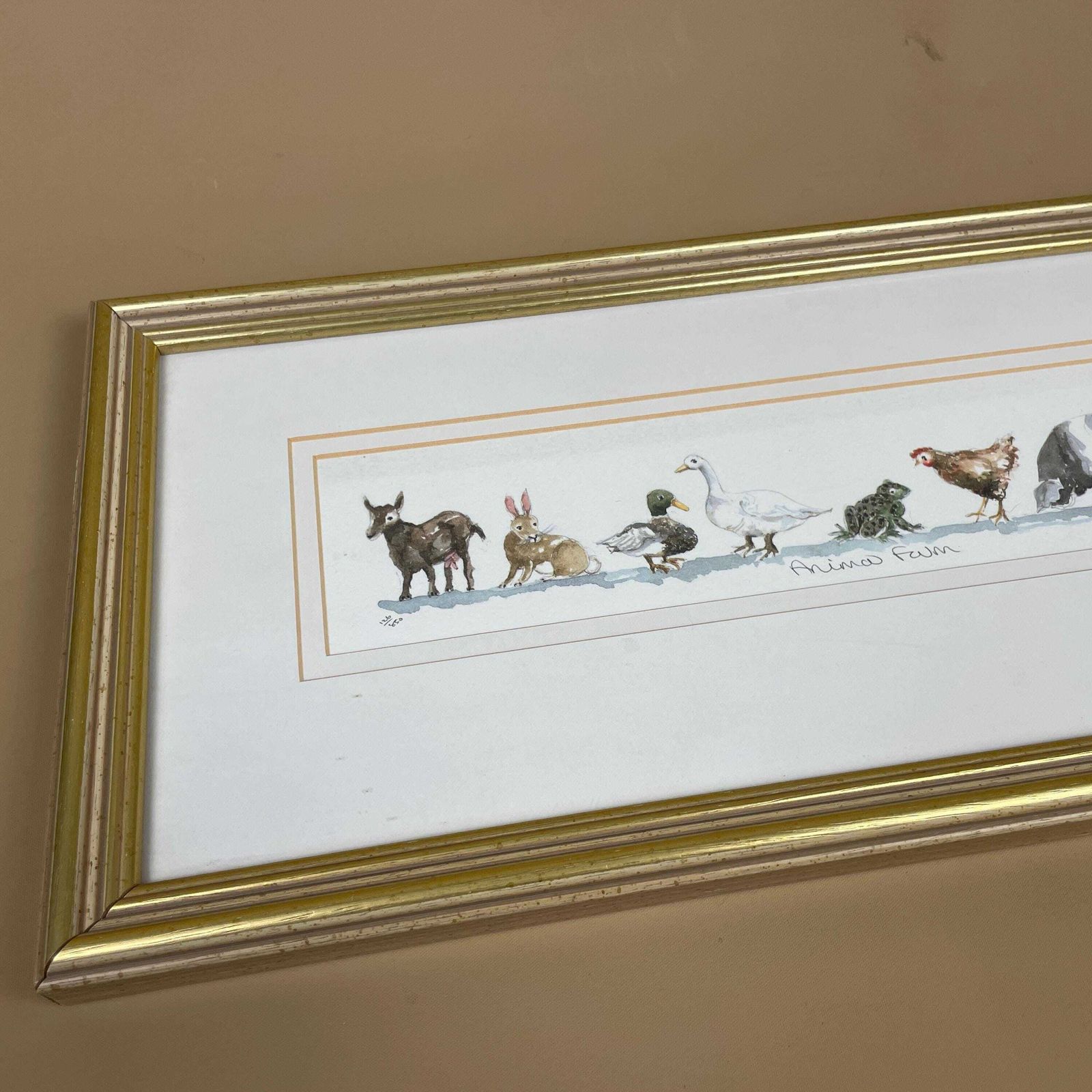 Animal Farm Artwork Watercolour Painting Original Art Gold Wood Frame Landscape Mounted Childrens Room Farm Picture Farm Animals photo furniture
