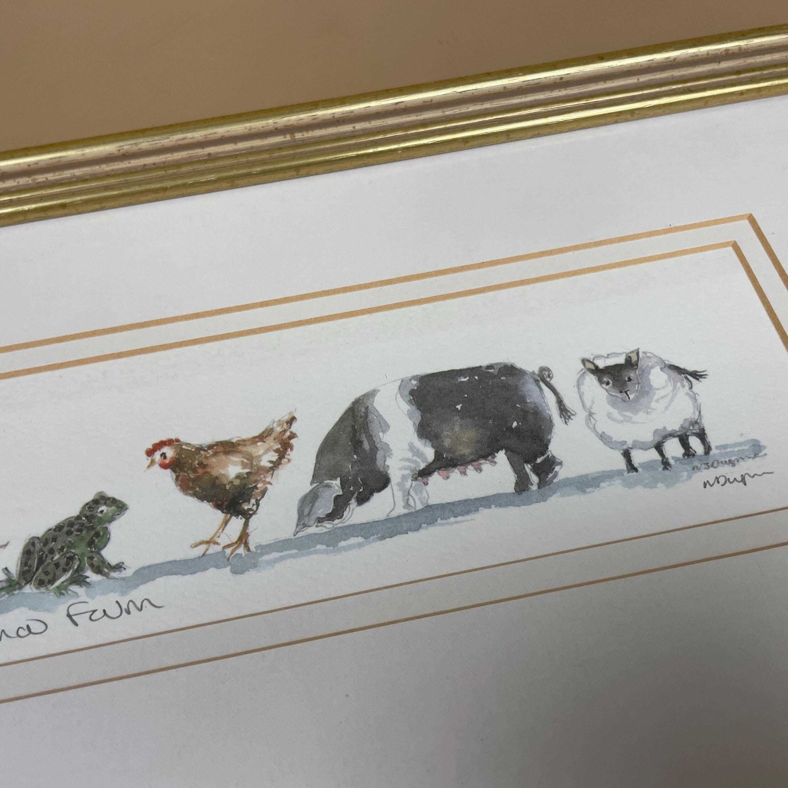 Animal Farm Artwork Watercolour Painting Original Art Gold Wood Frame Landscape Mounted Childrens Room Farm Picture Farm Animals photo vintage