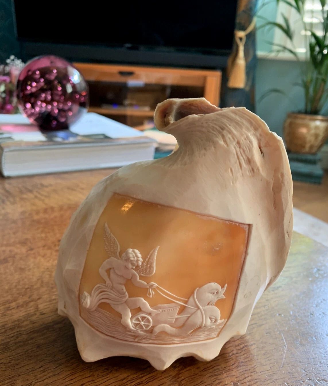 Antique C1870 Italian Sardonyx Shell Cameo Of Winged Cupid Chariot Drawn By 2 X Dolphins photo for sale