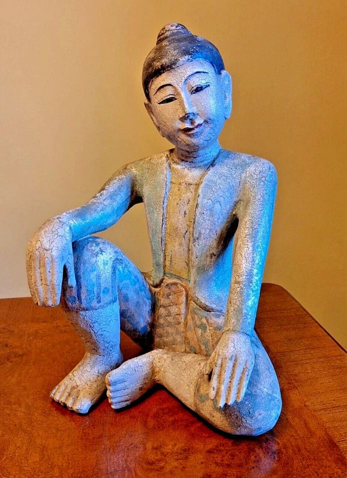 Antique Asian Polychrome Hand Painted Carved & Handed Painted Burmese Dancer