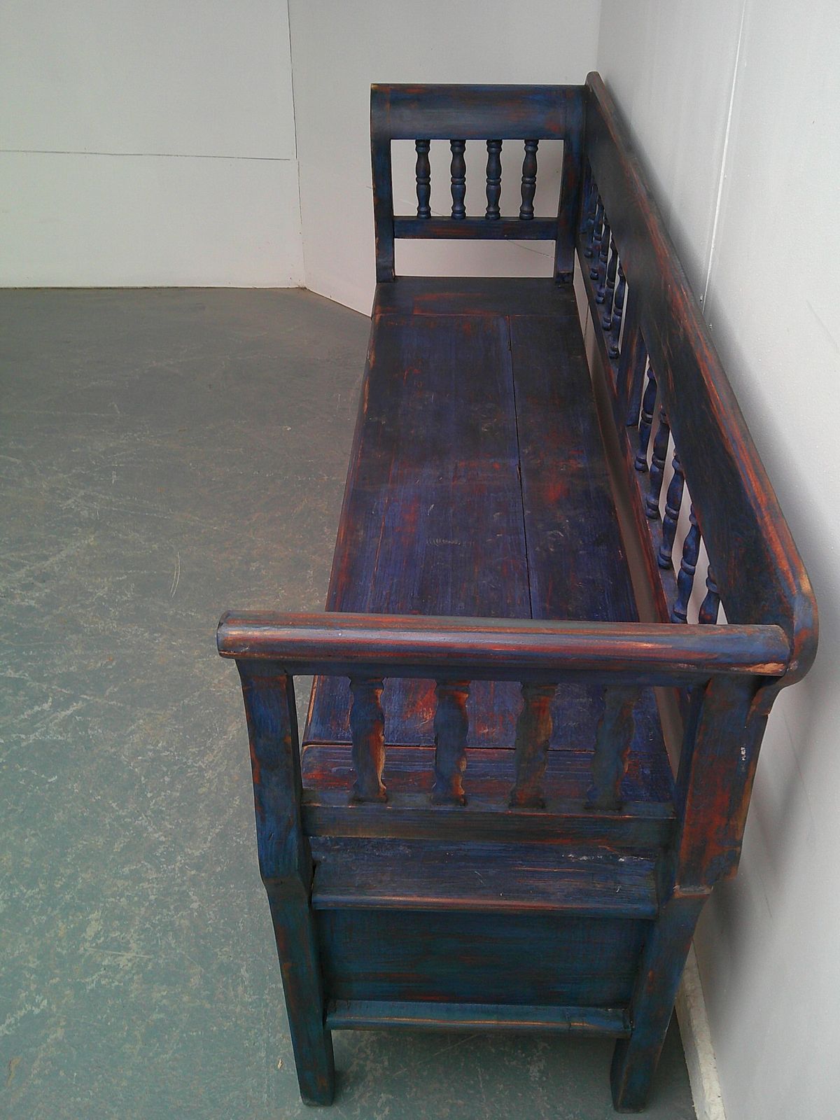 A Cracking Painted Royal Blue & Red Antique Pine 3 Seater Box Settle photo furniture