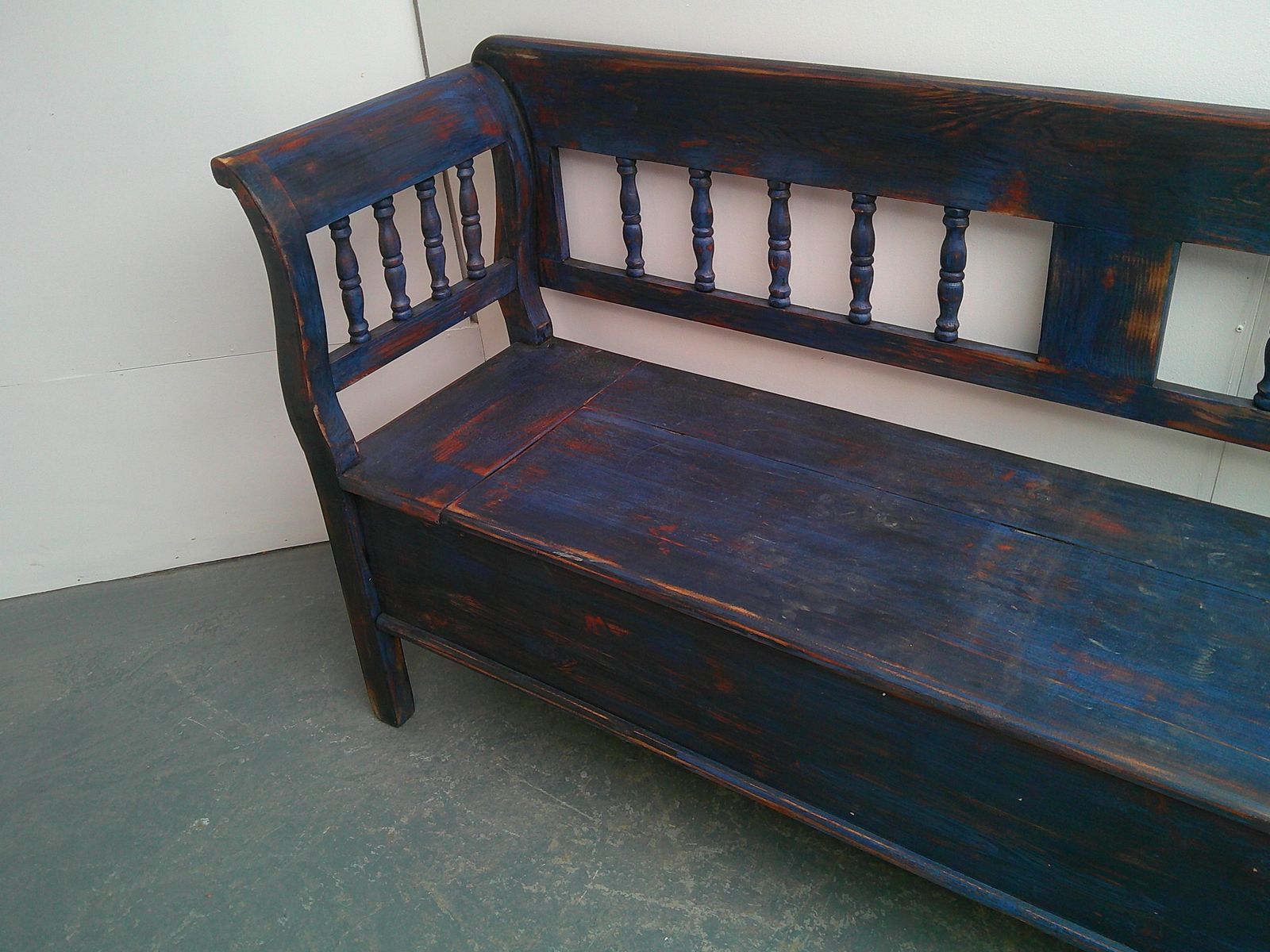 A Cracking Painted Royal Blue & Red Antique Pine 3 Seater Box Settle photo for sale
