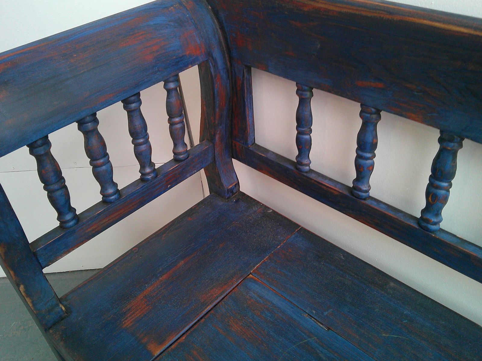 A Cracking Painted Royal Blue & Red Antique Pine 3 Seater Box Settle photo vintage