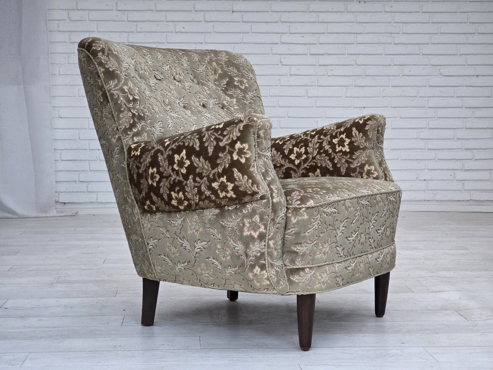 1960s, Danish Armchair, Light Green Furniture Velour, Teak Wood Legs. photo for sale