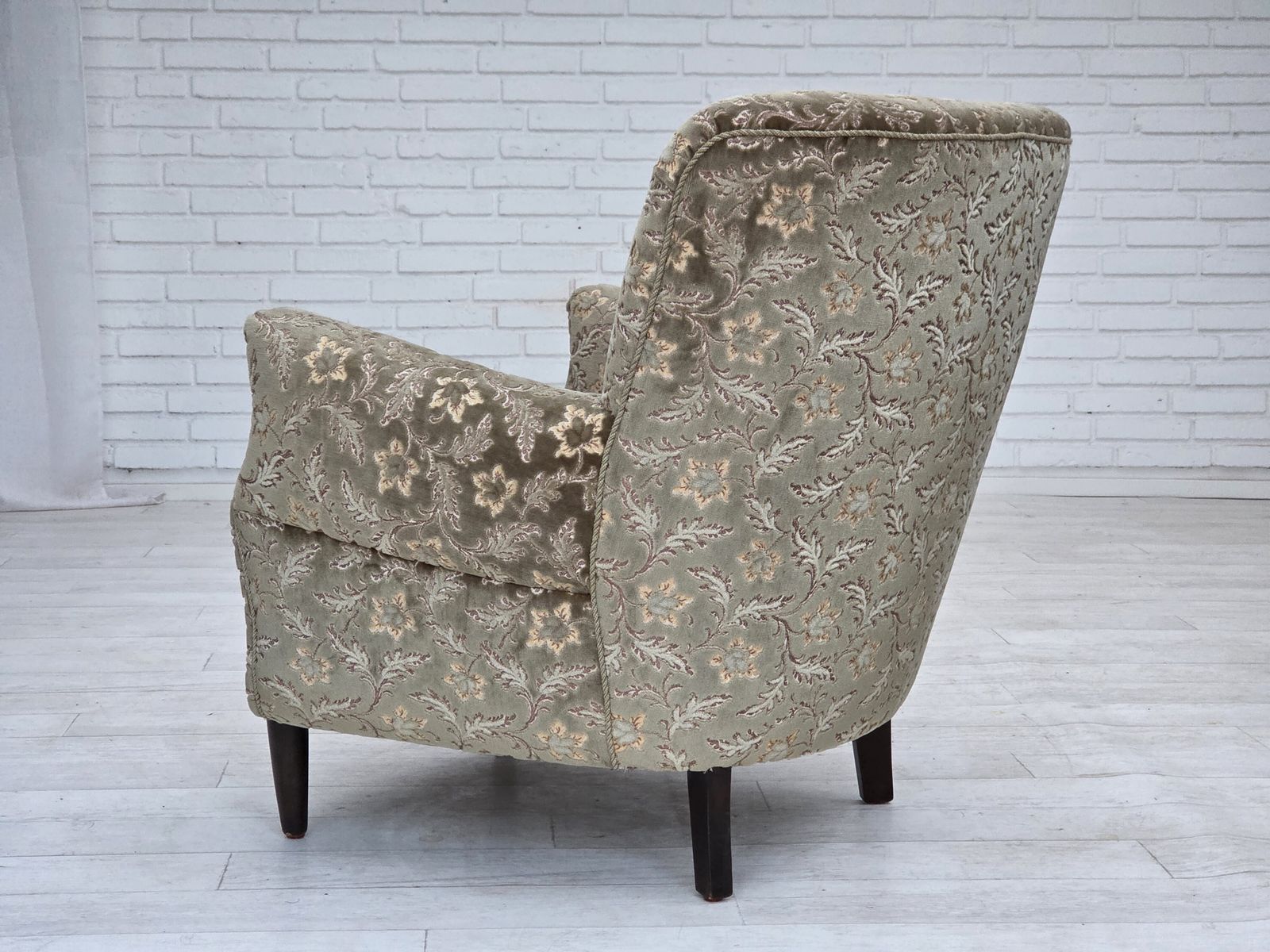 1960s, Danish Armchair, Light Green Furniture Velour, Teak Wood Legs. photo Furniture