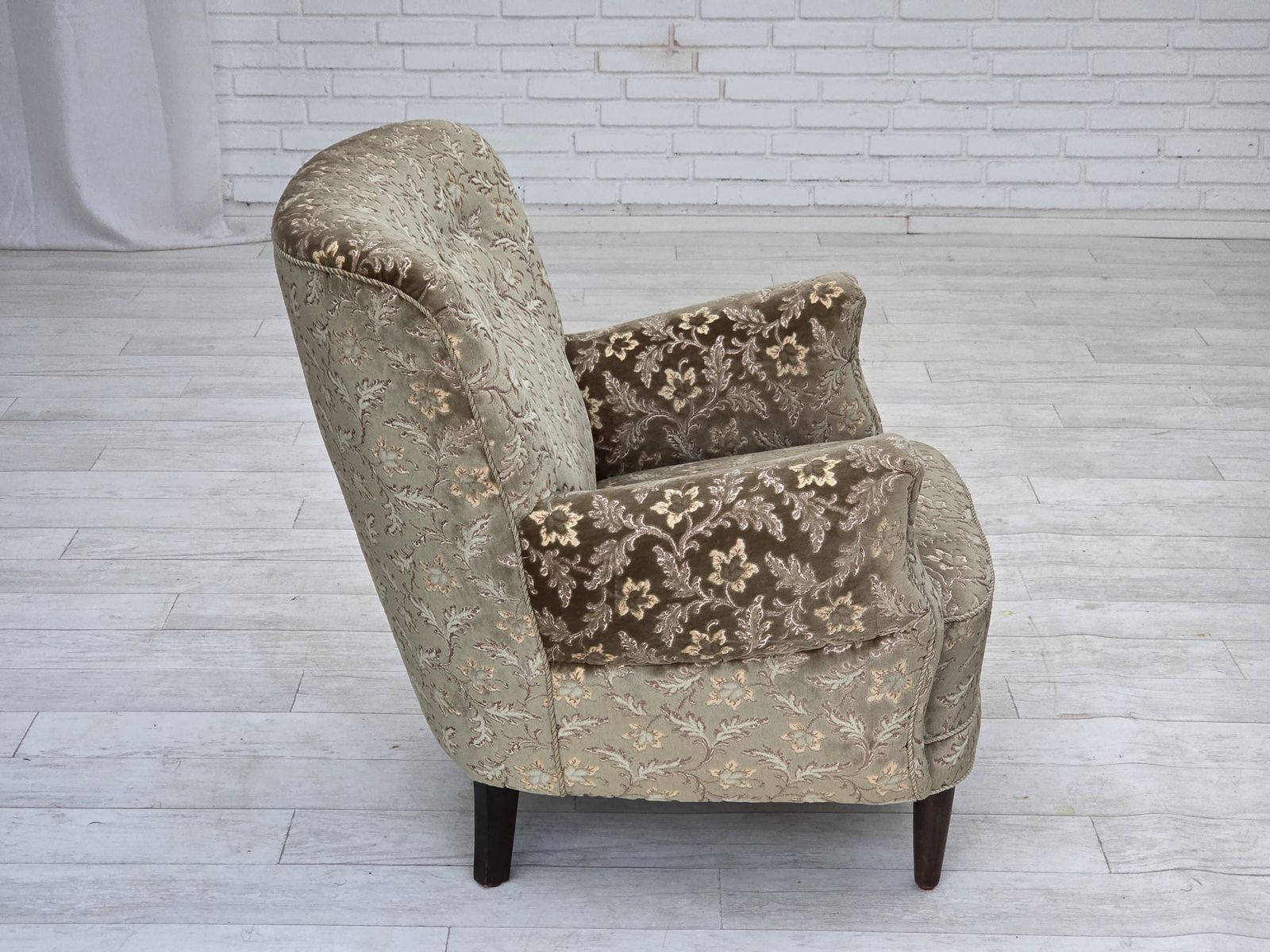 1960s, Danish Armchair, Light Green Furniture Velour, Teak Wood Legs. photo vintage