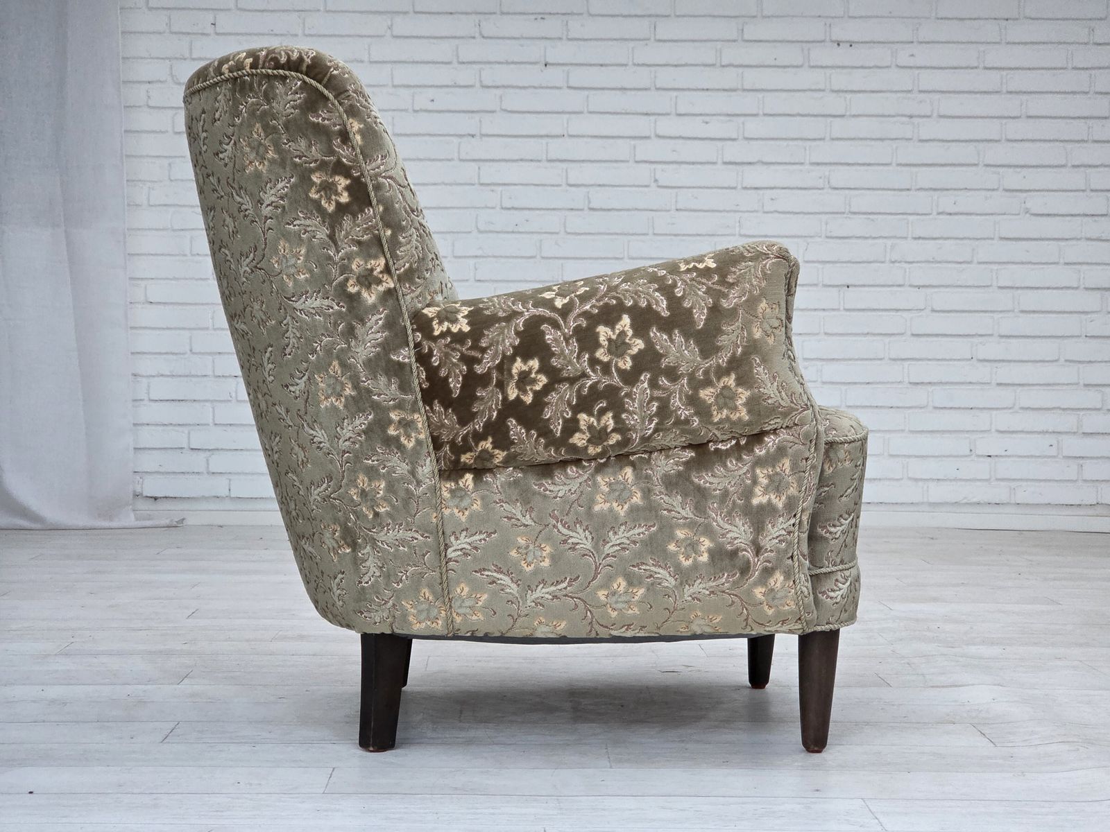 Furniture 1960s, Danish Armchair, Light Green Furniture Velour, Teak Wood Legs. photo