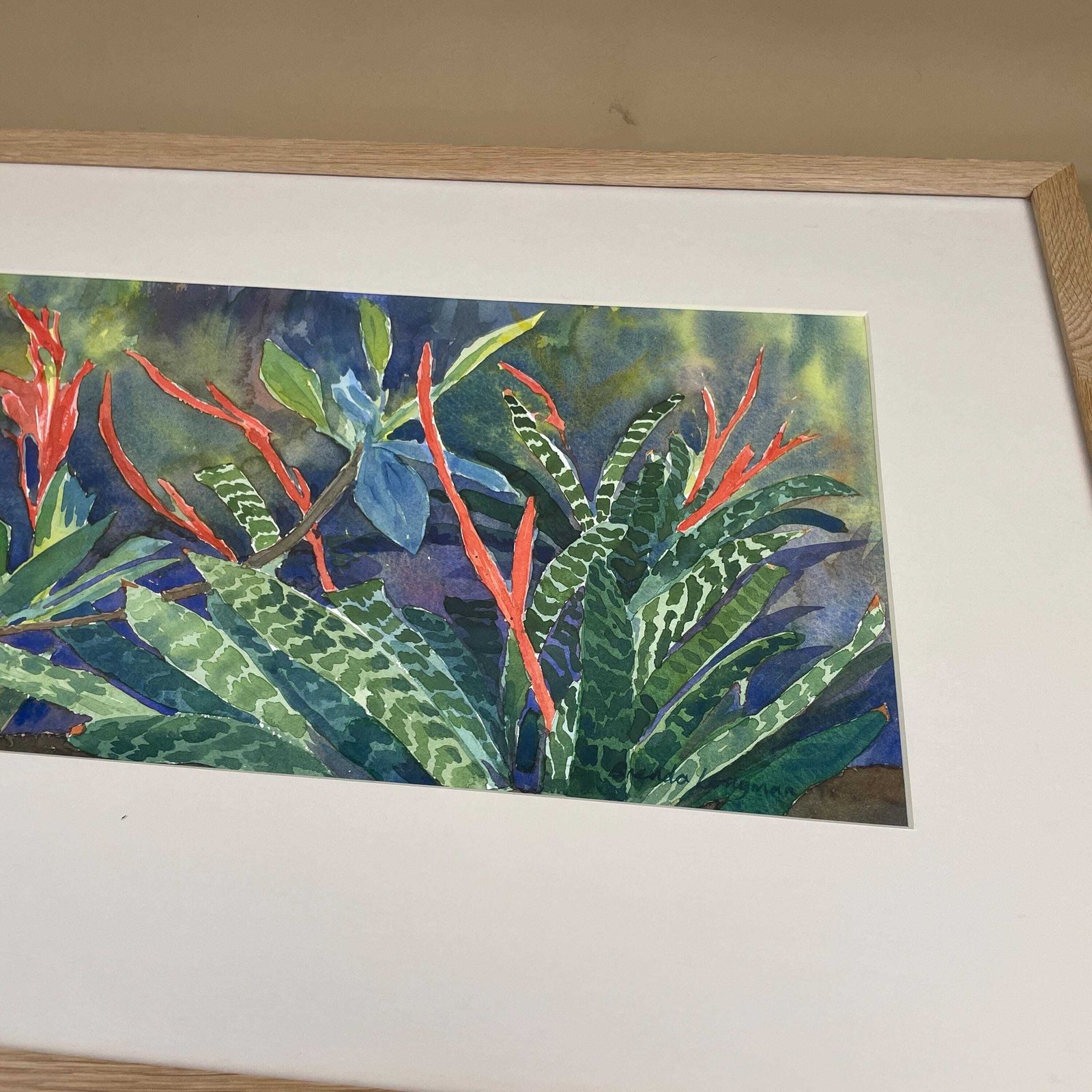 Watercolour Tropical Floral Painting Picture Flowers Wood Frame Brenda Longman White Mount Painted Green Art Original Rectangle Wall Hanging photo furniture