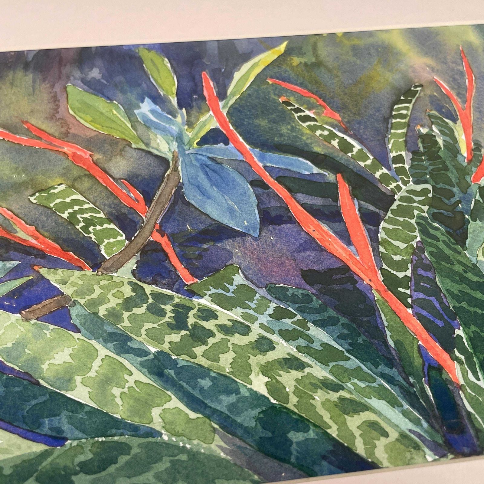 Watercolour Tropical Floral Painting Picture Flowers Wood Frame Brenda Longman White Mount Painted Green Art Original Rectangle Wall Hanging photo for sale