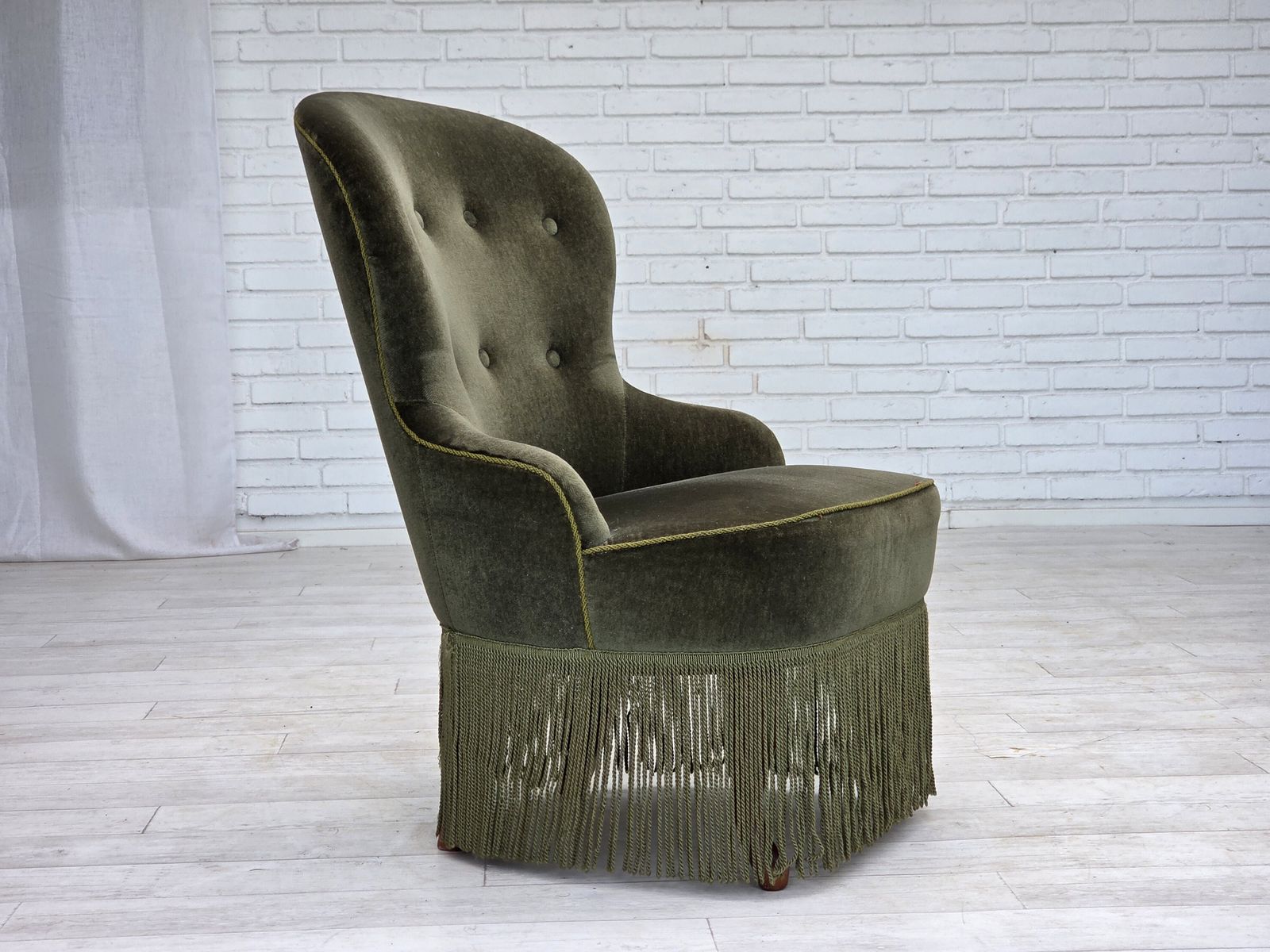 1970s, Danish Side Chair, Green Furniture Velour, Beech Wood Legs. photo for sale