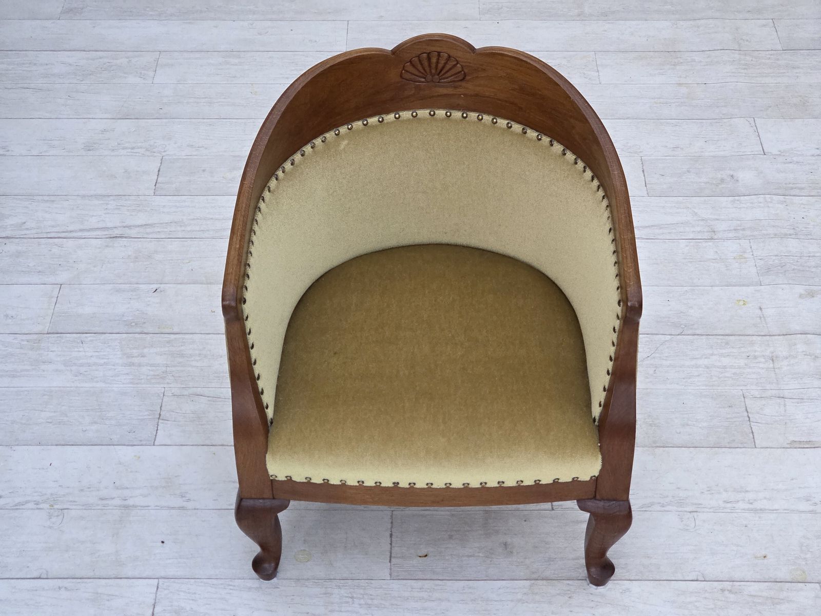 1960s, Danish Side/Children's Armchair, Light Green Furniture Velour, Oak Wood. photo for sale