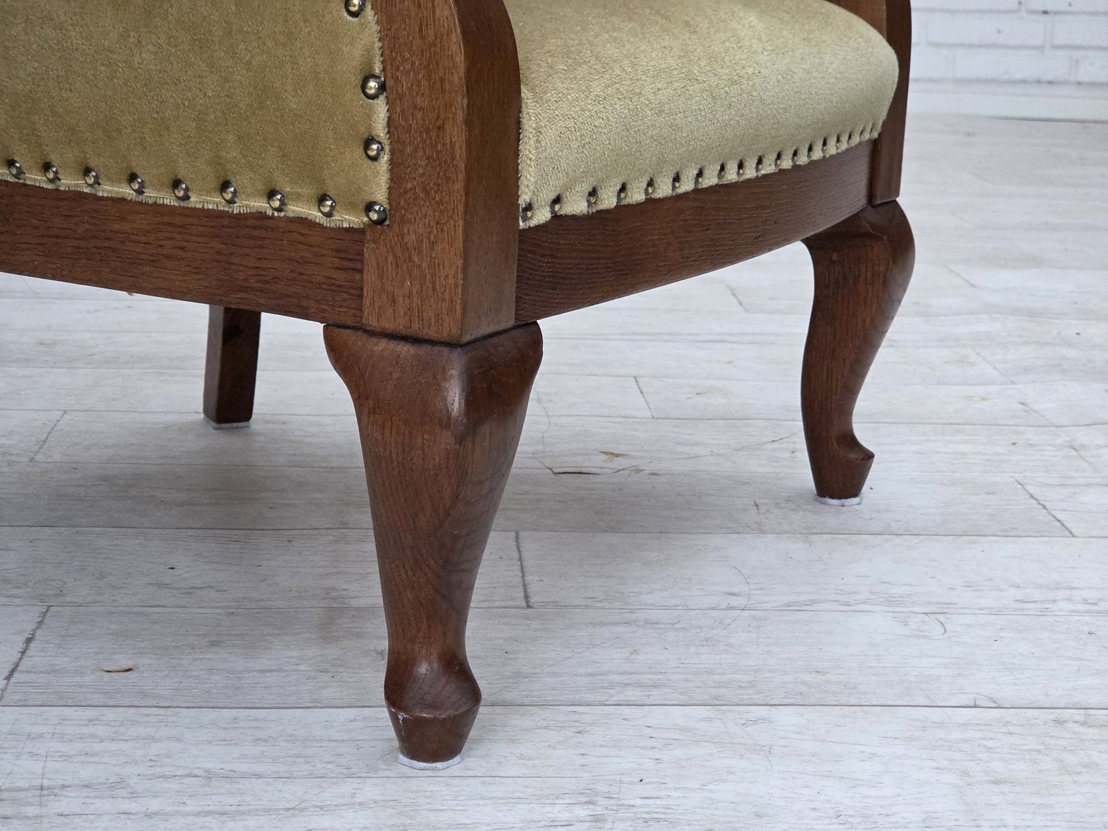 1960s, Danish Side/Children's Armchair, Light Green Furniture Velour, Oak Wood. photo vintage