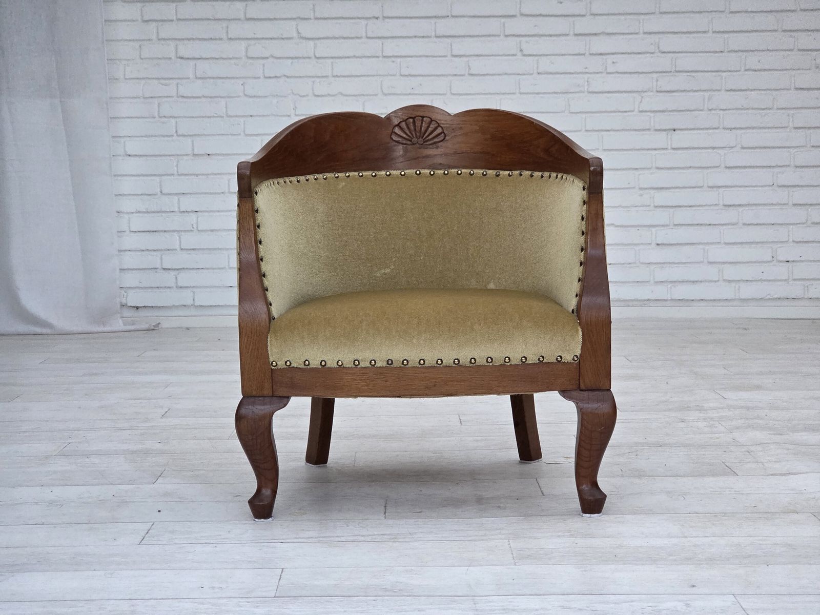 photo for sale 1960s, Danish Side/Children's Armchair, Light Green Furniture Velour, Oak Wood.