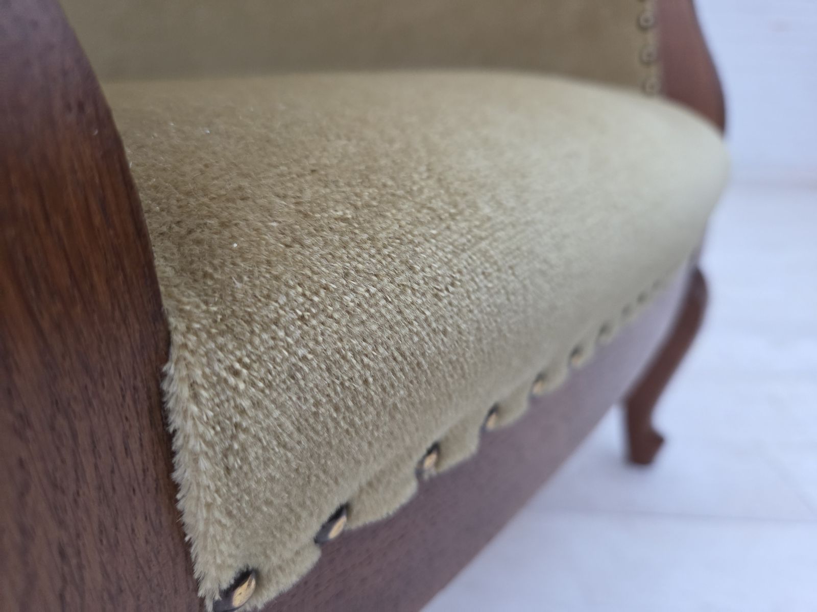 Furniture 1960s, Danish Side/Children's Armchair, Light Green Furniture Velour, Oak Wood. photo