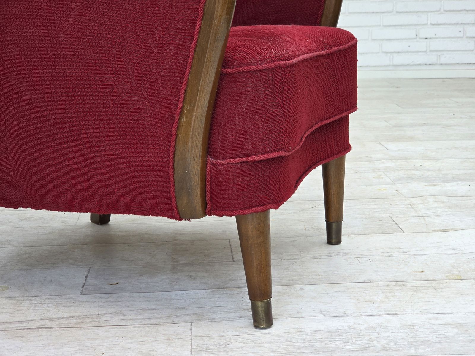 1960s, Danish Armchair, Original Condition, Wool Fabric, Beech Wood Legs. photo 1080.0