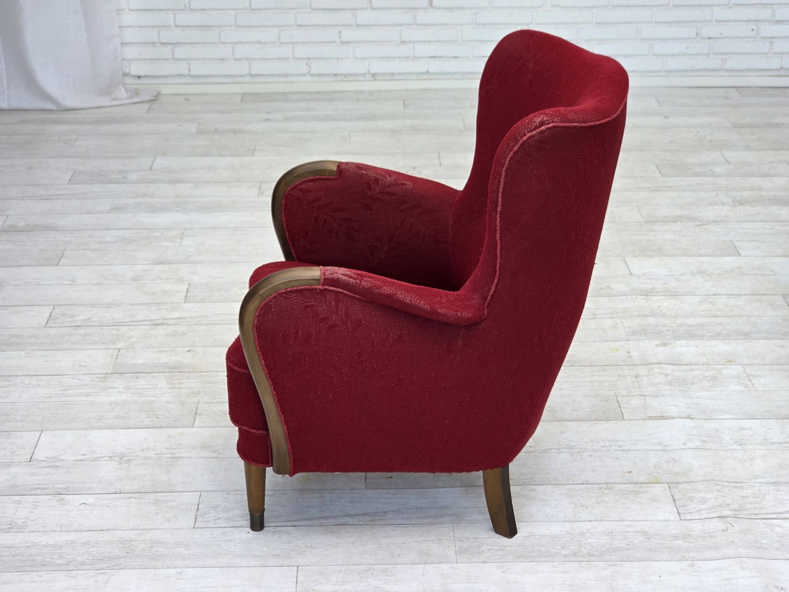 photo for sale 1960s, Danish Armchair, Original Condition, Wool Fabric, Beech Wood Legs.