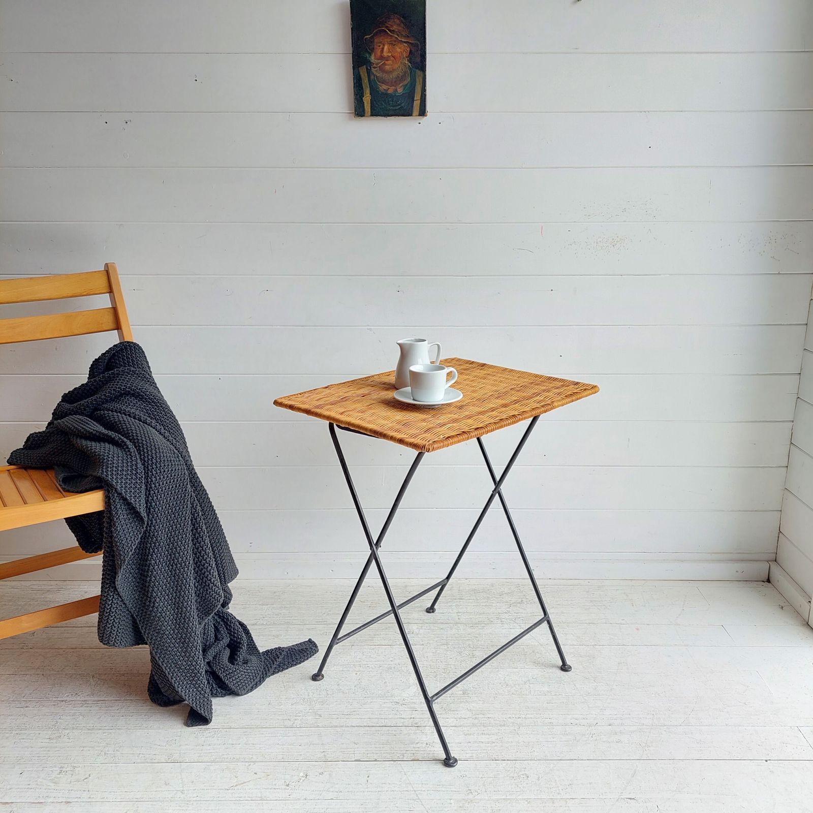 Mid Century Vintage Metal Iron And Wicker Rattan Folding Side  End  Bistro Table France  50s photo buy