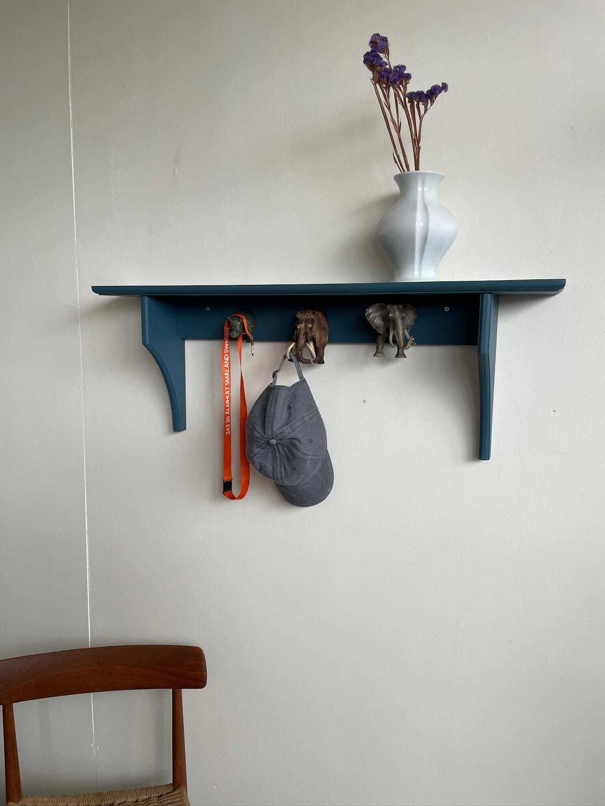 Wooden Teal Blue Hallway Shelf And Toy Animal Coat Hat Hooks Rhino Mammoth Elephant