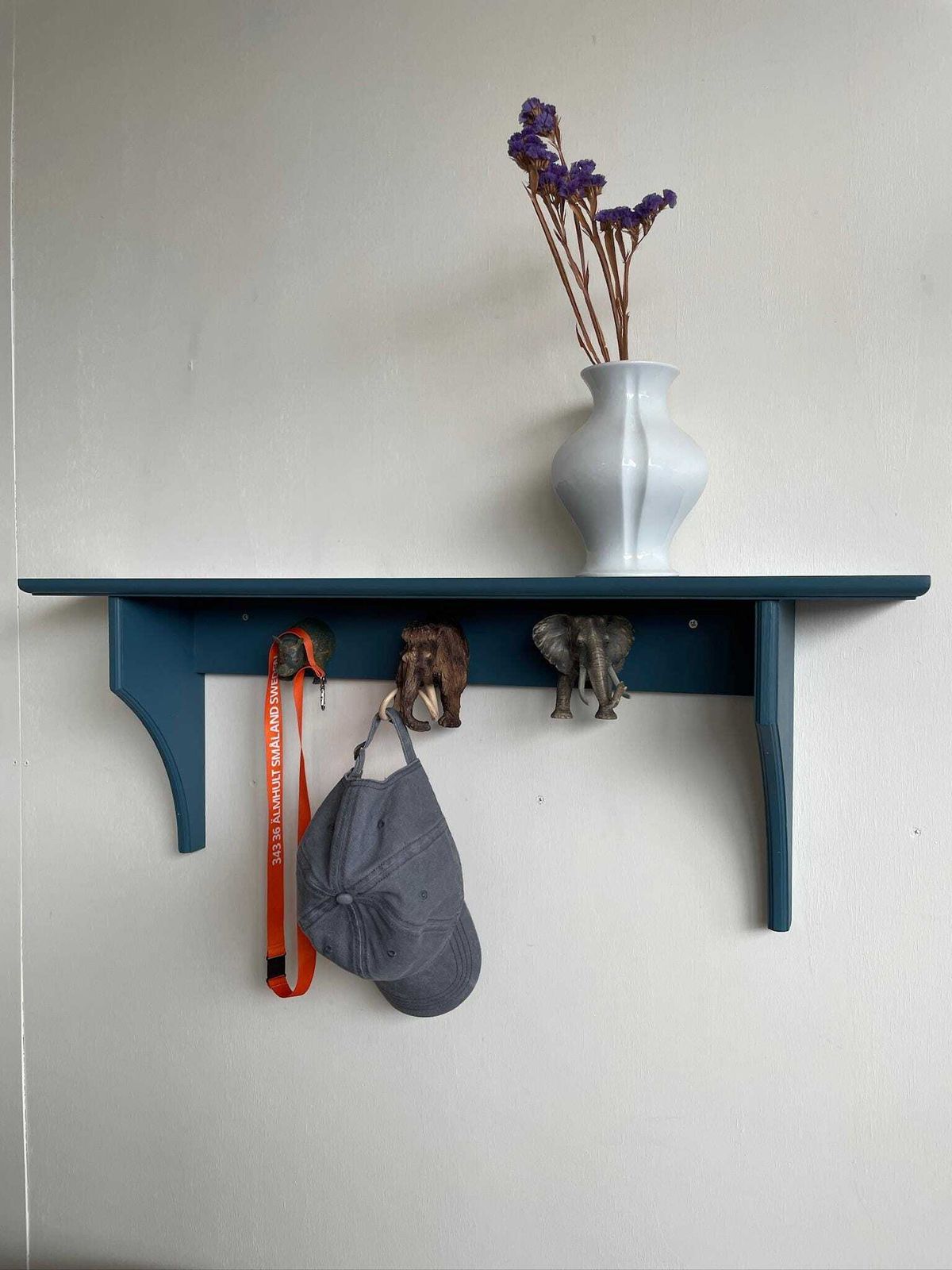 Wooden Teal Blue Hallway Shelf And Toy Animal Coat Hat Hooks Rhino Mammoth Elephant photo furniture