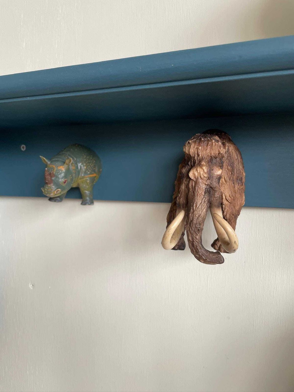 Wooden Teal Blue Hallway Shelf And Toy Animal Coat Hat Hooks Rhino Mammoth Elephant photo for sale