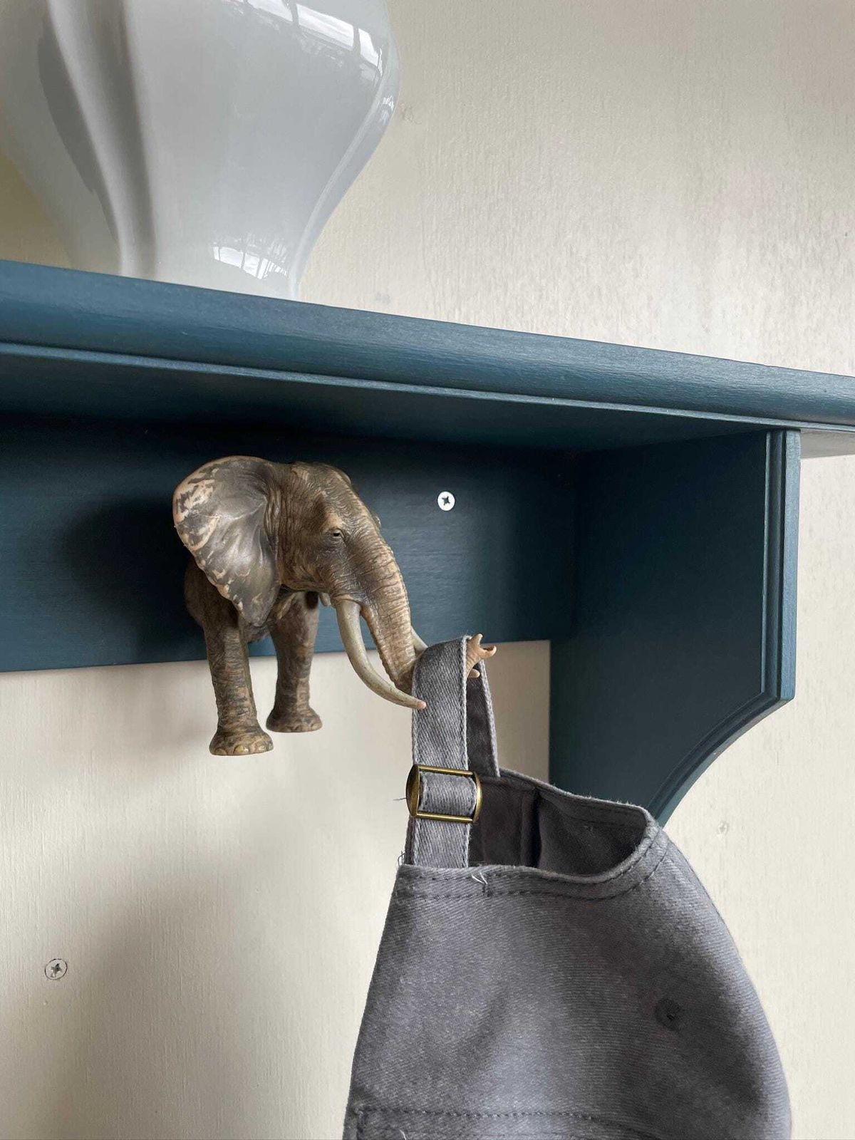 Wooden Teal Blue Hallway Shelf And Toy Animal Coat Hat Hooks Rhino Mammoth Elephant photo Furniture