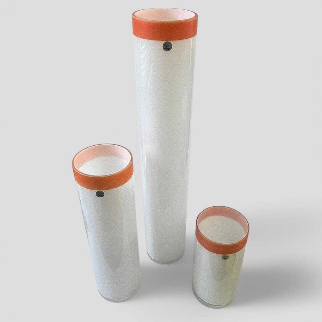 Rare Set Of Three Mid Century White And Orange Glass Cylindrical Vases By Ekenas Sweden photo 204.0