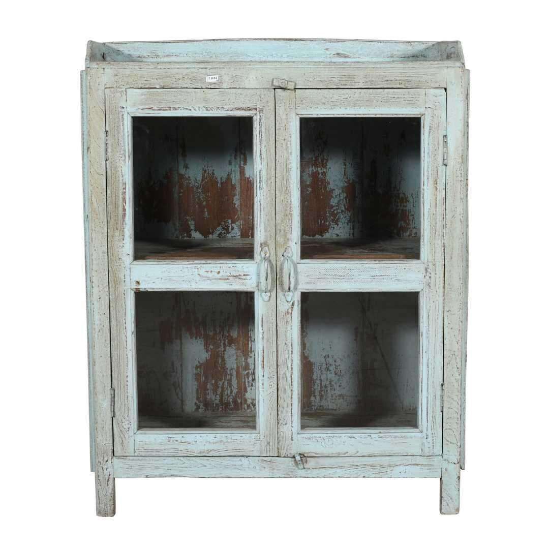 Antique Powder Blue Teak Glass Almirah – Indian Kitchen Or Bathroom Cabinet C.1900 photo for sale