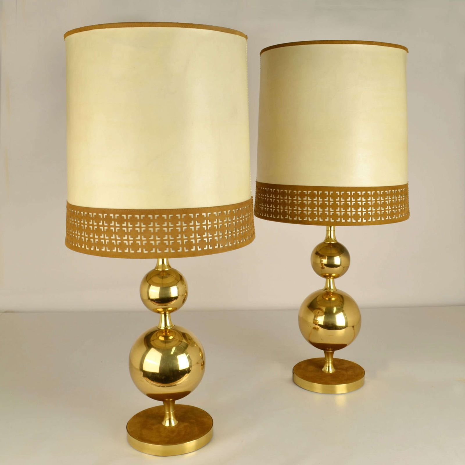 Pair Of Parchment Leather Shades Table Lamps On Brass Bases 1970's photo furniture