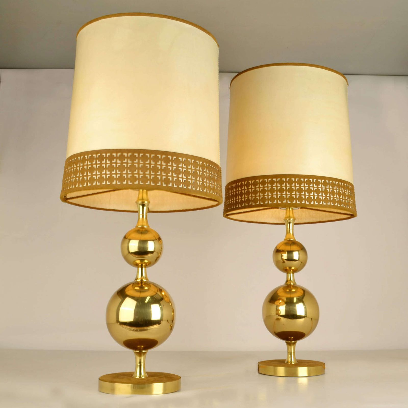 Pair Of Parchment Leather Shades Table Lamps On Brass Bases 1970's photo for sale