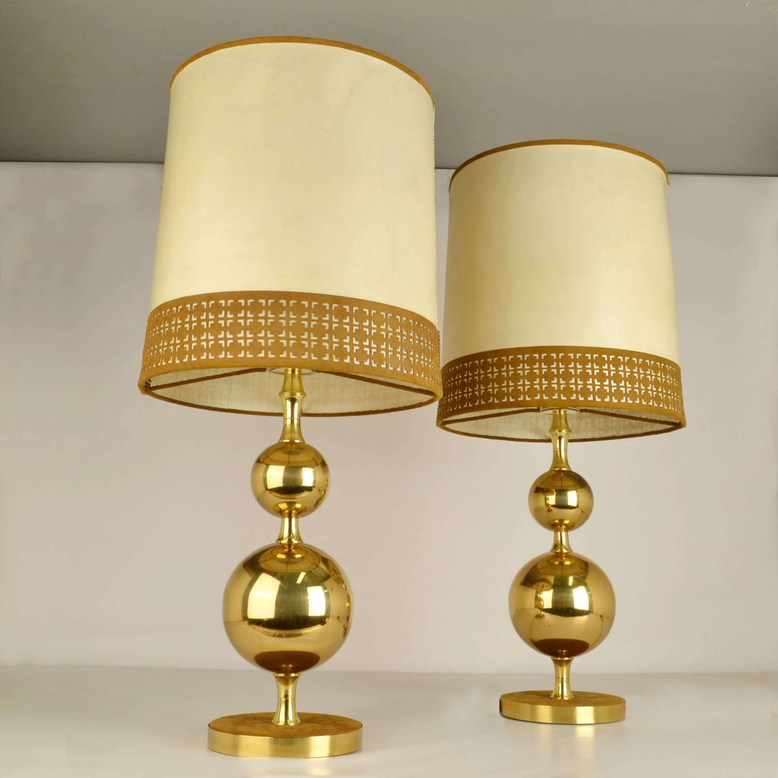 Pair Of Parchment Leather Shades Table Lamps On Brass Bases 1970's photo Lighting