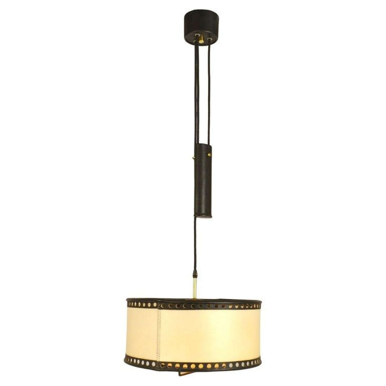 Counterbalance Pendant Lamp 1960's In Parchment And Black Leather