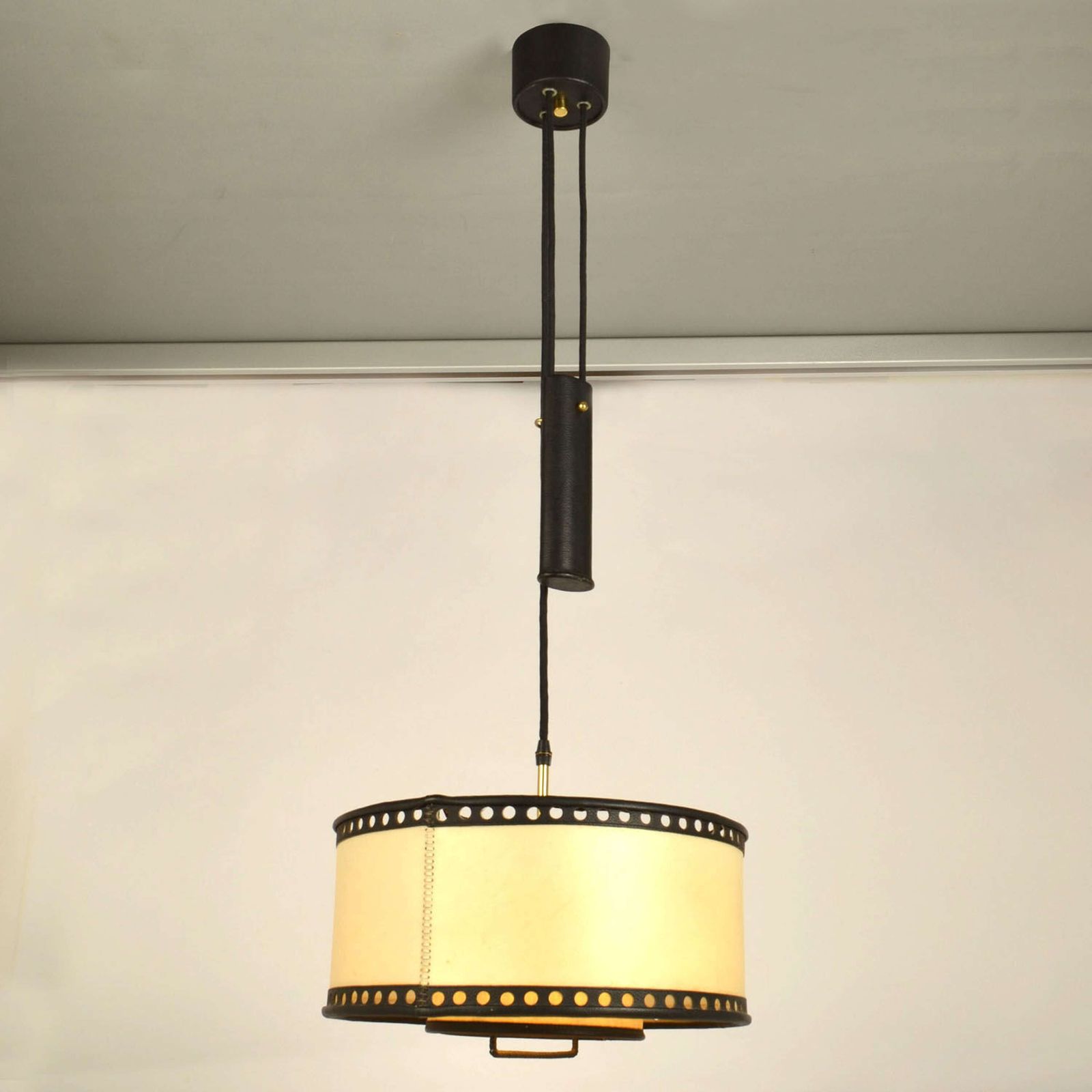 Counterbalance Pendant Lamp 1960's In Parchment And Black Leather photo furniture