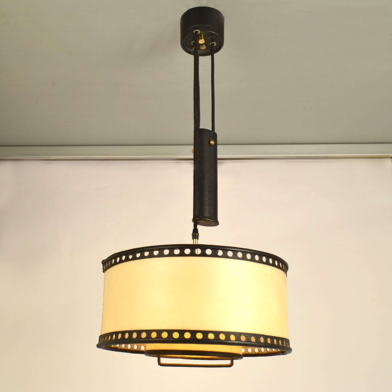 Counterbalance Pendant Lamp 1960's In Parchment And Black Leather photo for sale