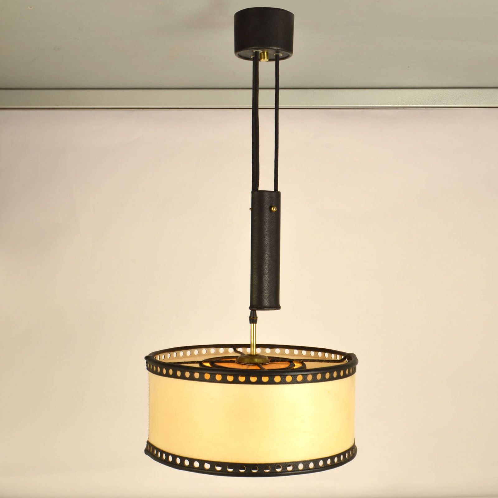 Lighting Counterbalance Pendant Lamp 1960's In Parchment And Black Leather photo