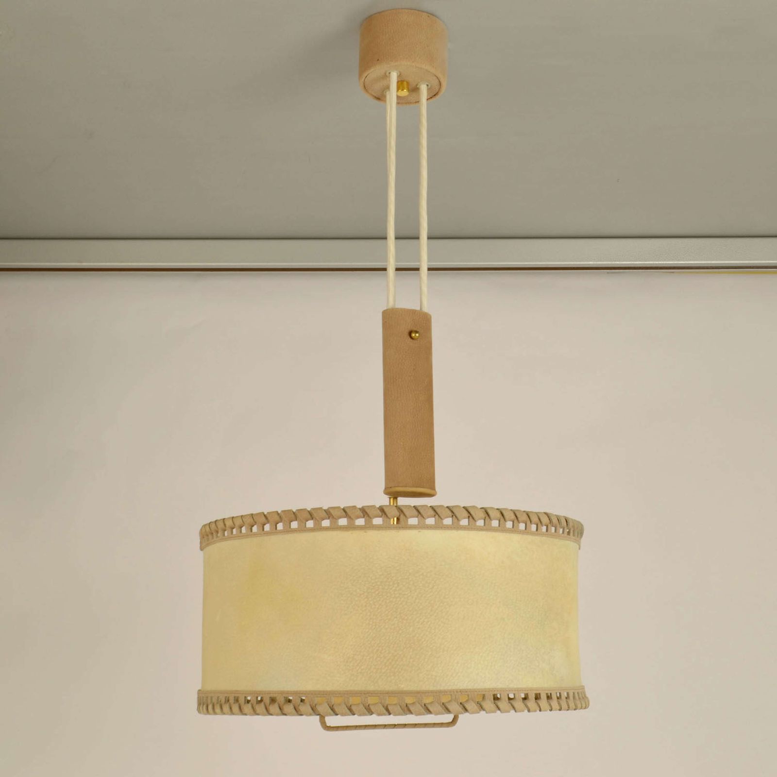 Counterbalance Pendant Lamp 1960's In Parchment And Beige Leather photo for sale