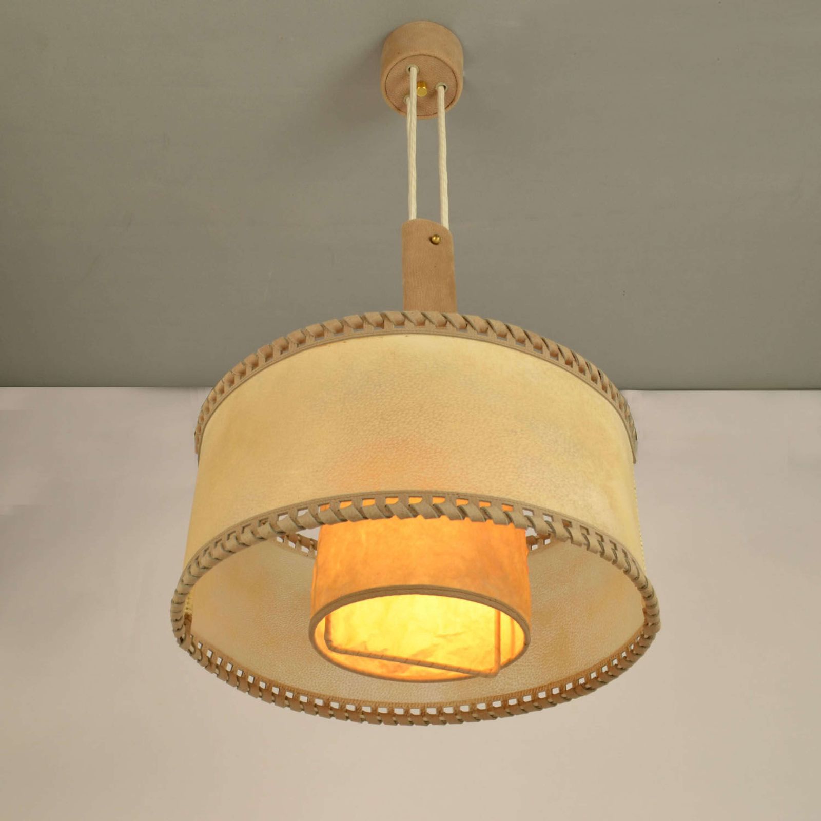 Counterbalance Pendant Lamp 1960's In Parchment And Beige Leather photo buy