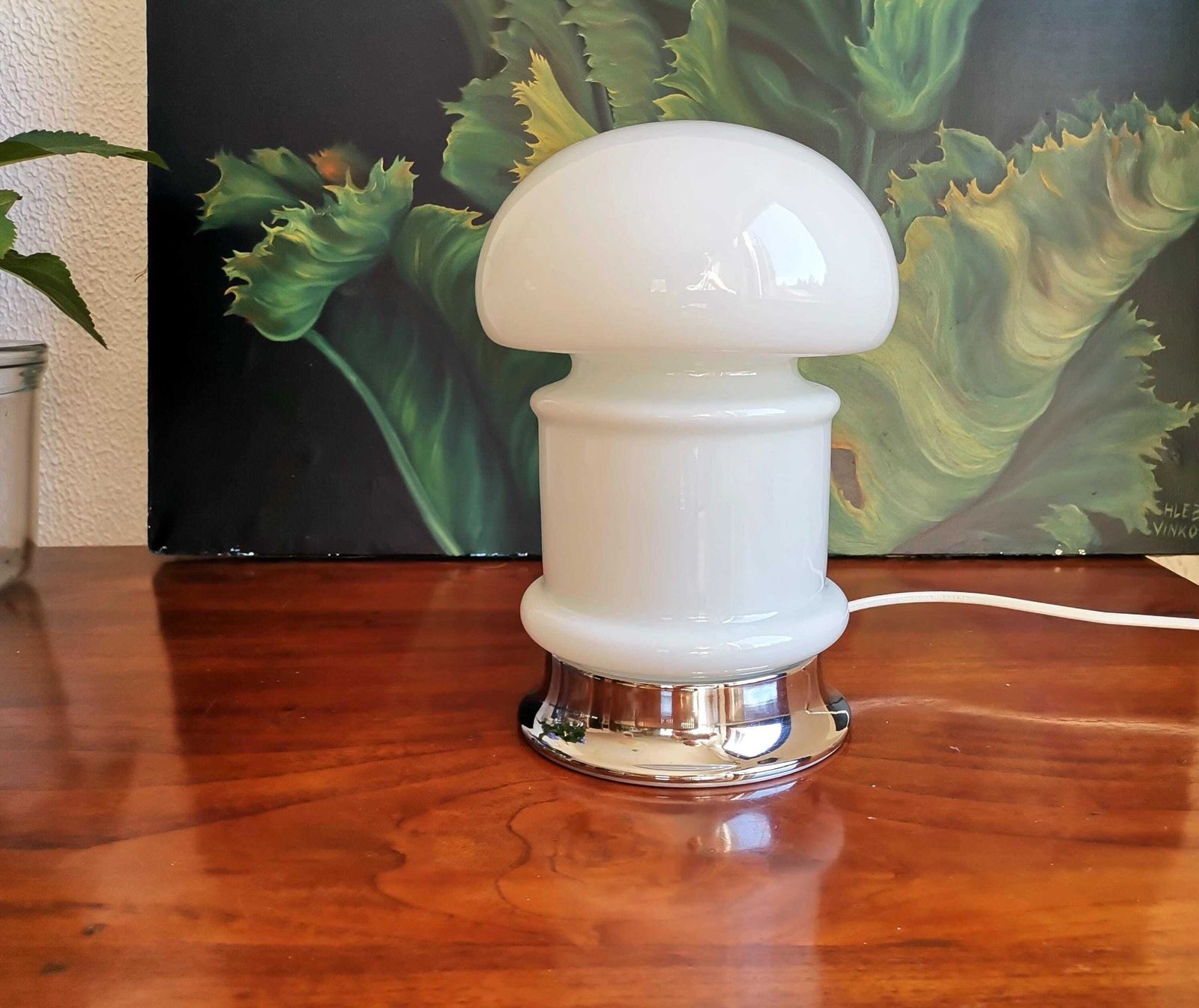 Opaline Glass Space Age Bedside Lamp / Mushroom Table Lamp / 60s 70s Yugoslavia