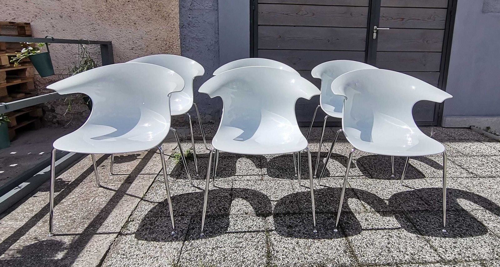 Set Of 6 Loop Dining Chairs By Infiniti / Modern Italian Design / Moulded Plastic & Chrome Armchairs photo furniture