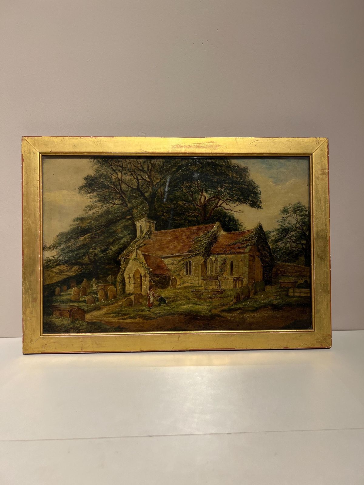 Antique 1800s Oil Painting By M. Wilson – Countryside Church Scene On Canvas photo furniture