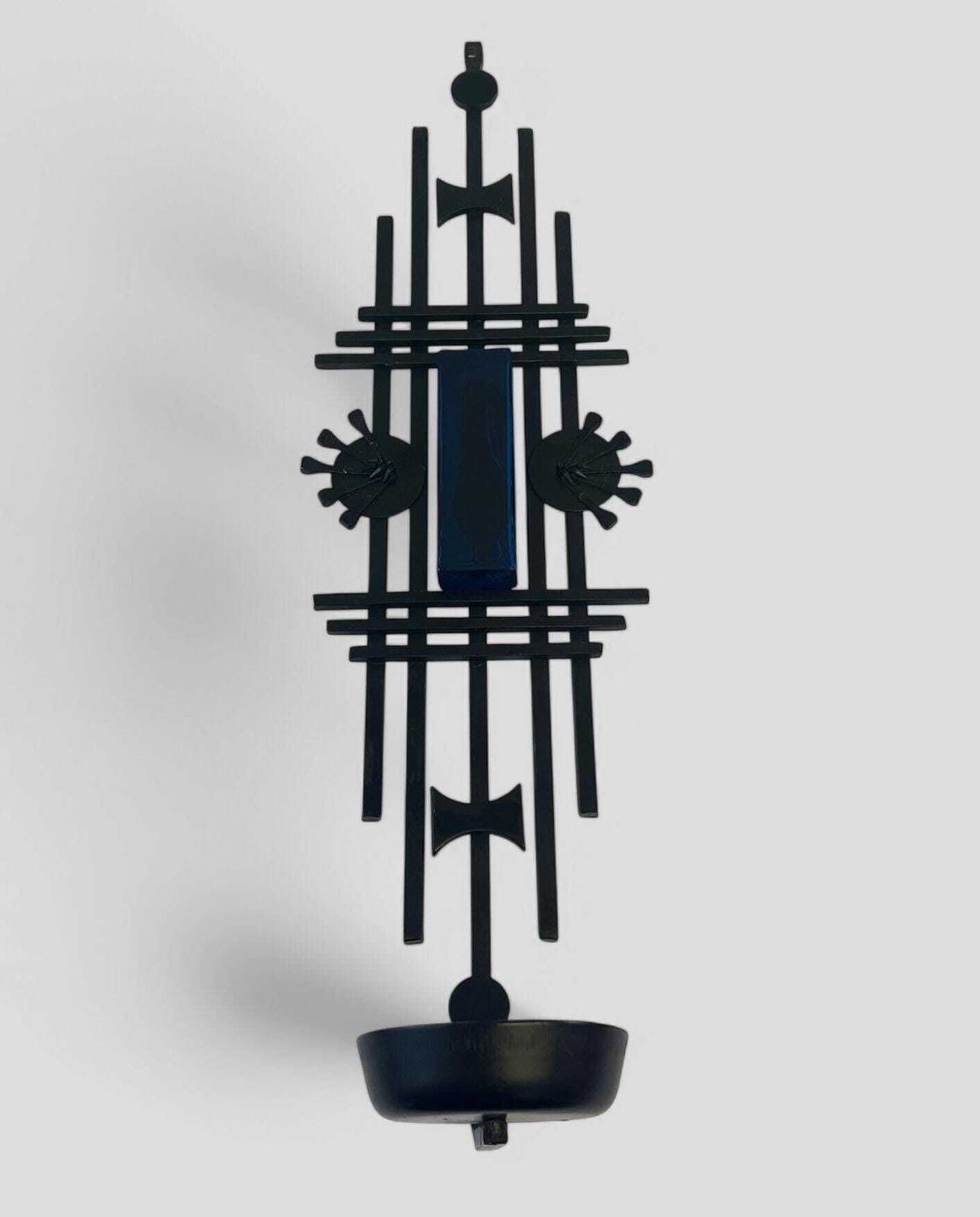Mid Century Brutalist Metal & Blue Glass Danish Wall Candleholder By Dantoft photo for sale