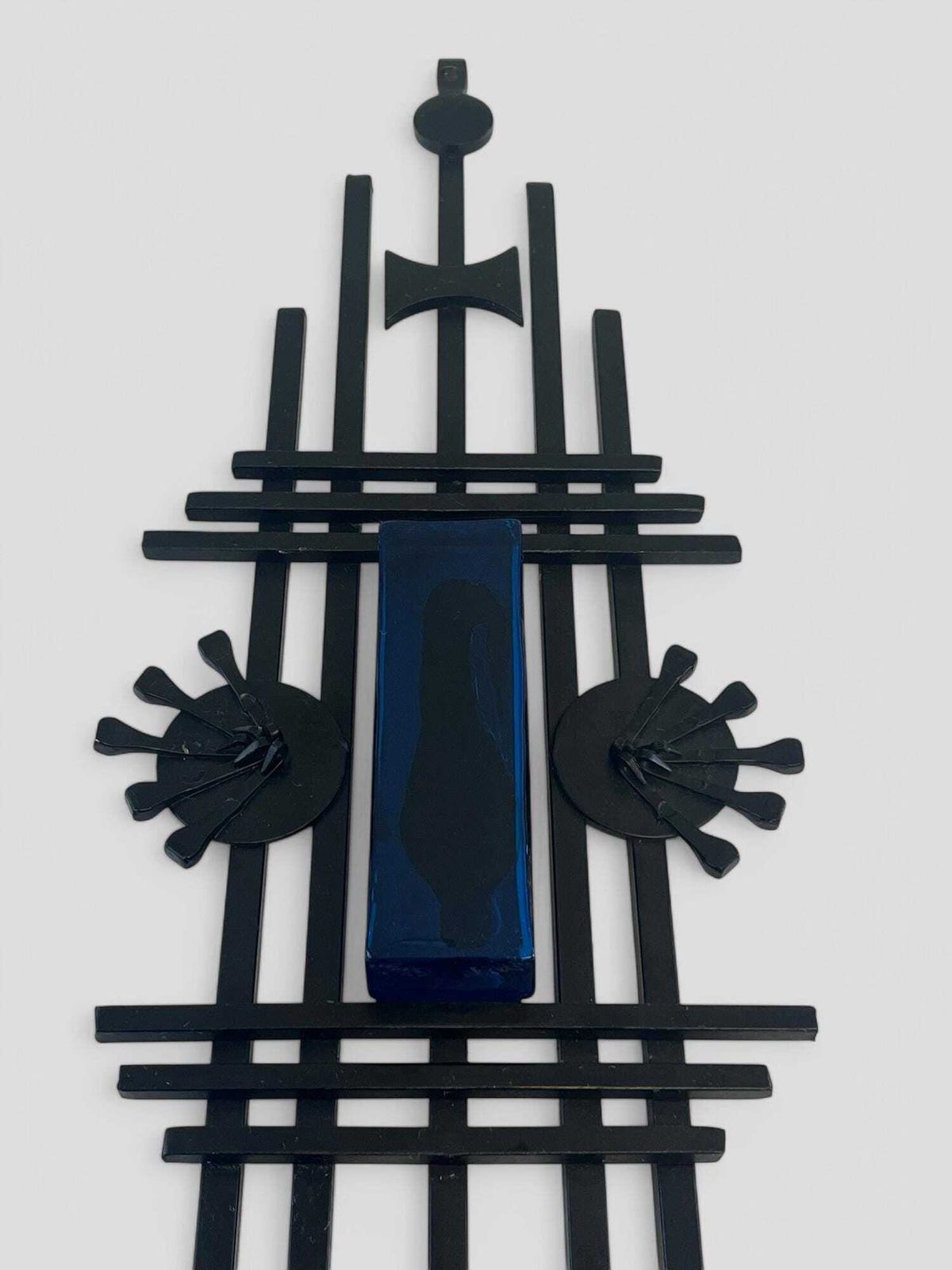 Mid Century Brutalist Metal & Blue Glass Danish Wall Candleholder By Dantoft photo vinterior