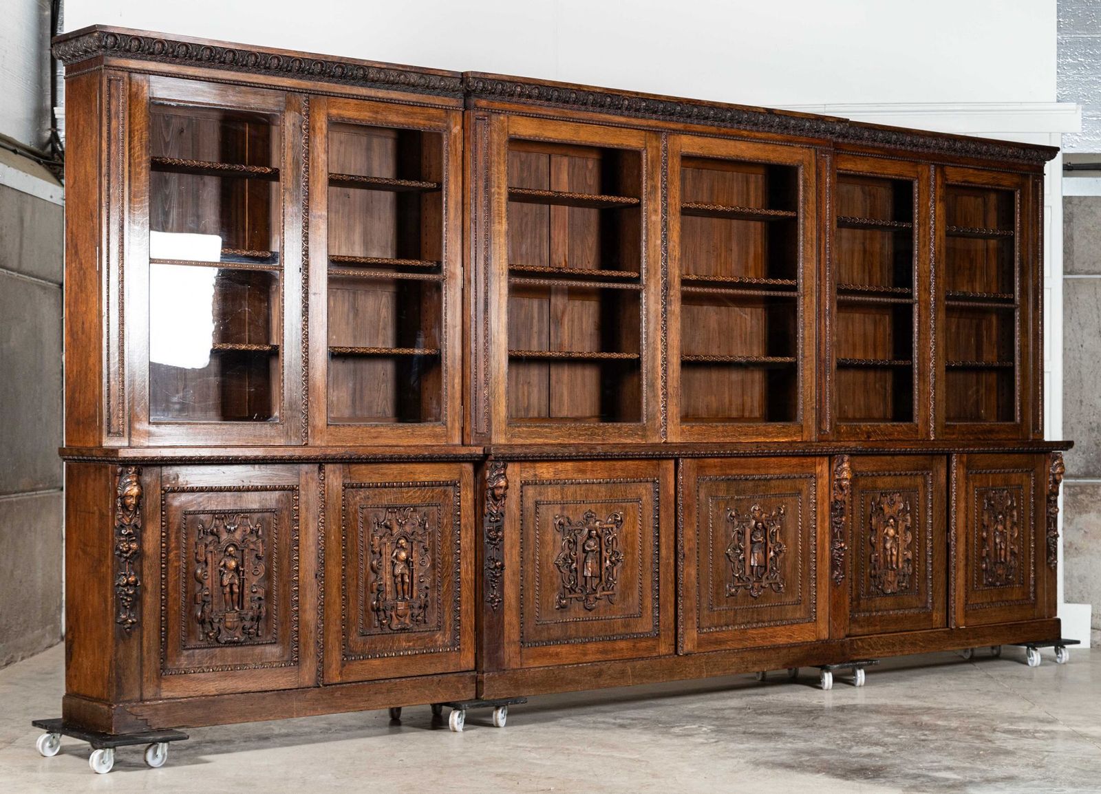 photo furniture Magnificent Monumental English 19thc Carved Oak Breakfront Glazed Bookcase