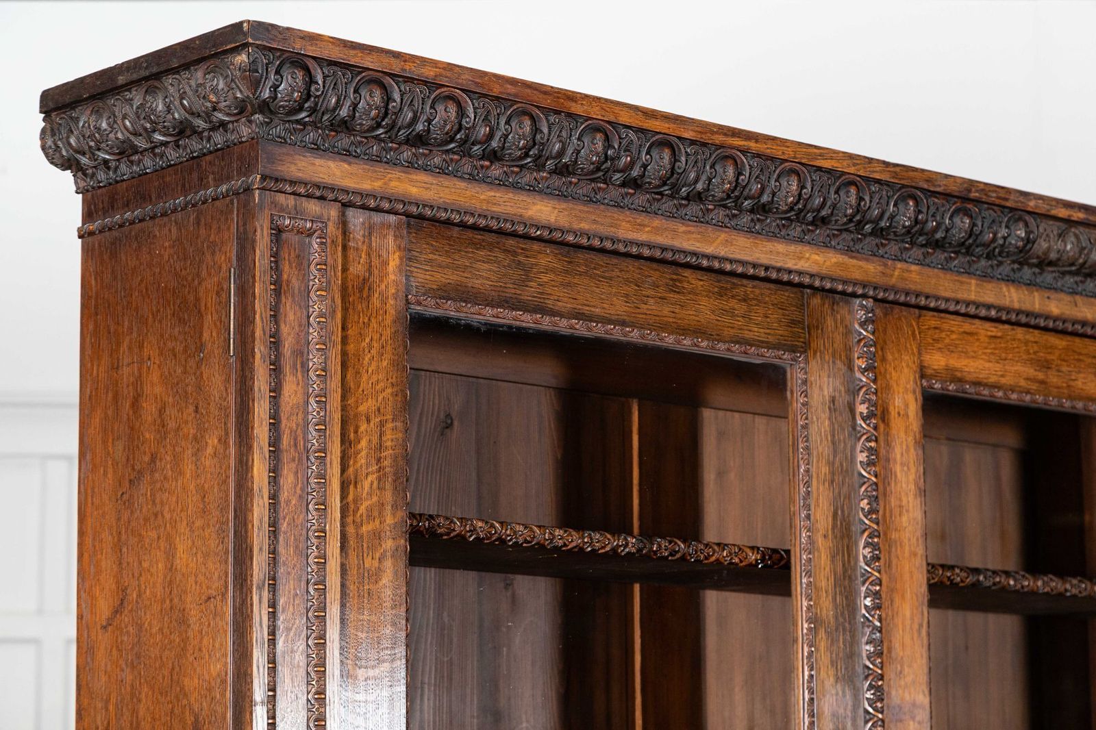 Furniture Magnificent Monumental English 19thc Carved Oak Breakfront Glazed Bookcase photo