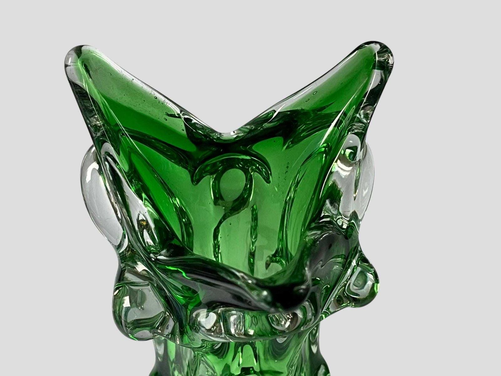 Mid Century Emerald Green Bohemian Glass Sculpture Vase By Jan Beranek For Skrdlovice Glassworks photo for sale