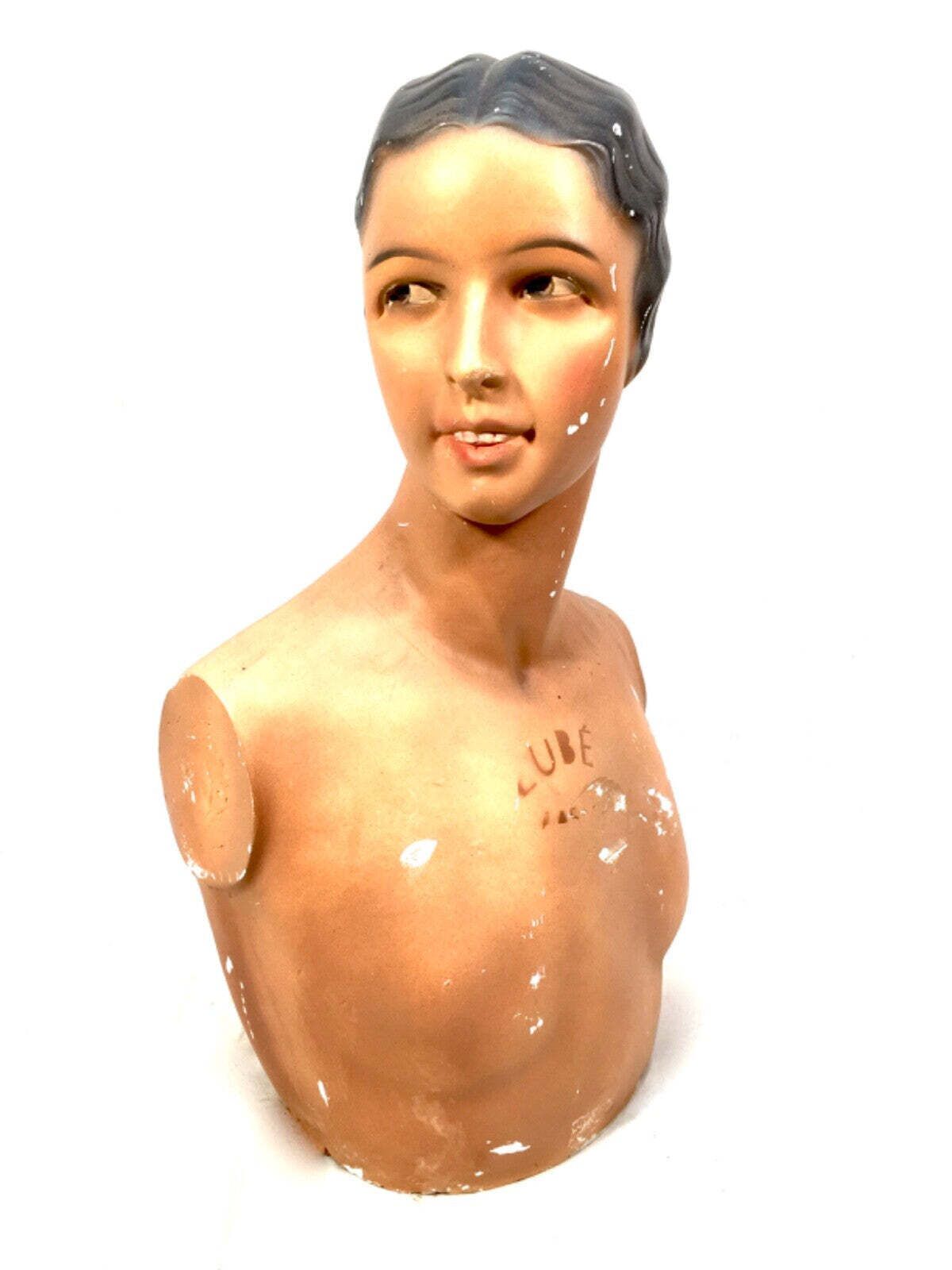 Antique Advertising Art Deco French Shop Display Female Mannequin Bust By Lubé