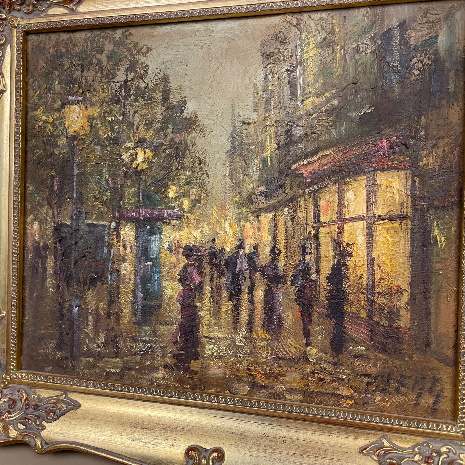 Vintage Oil Painting Urban Landscape Evening Street Lights Gold Wood Frame 1982 Colin Maxwel Parsons Buzzy Evening Street People photo furniture
