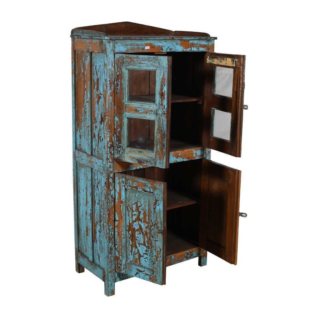 Antique Turquoise Teak Glass Almirah – Indian Kitchen Or Bathroom Cabinet C.1900 photo furniture